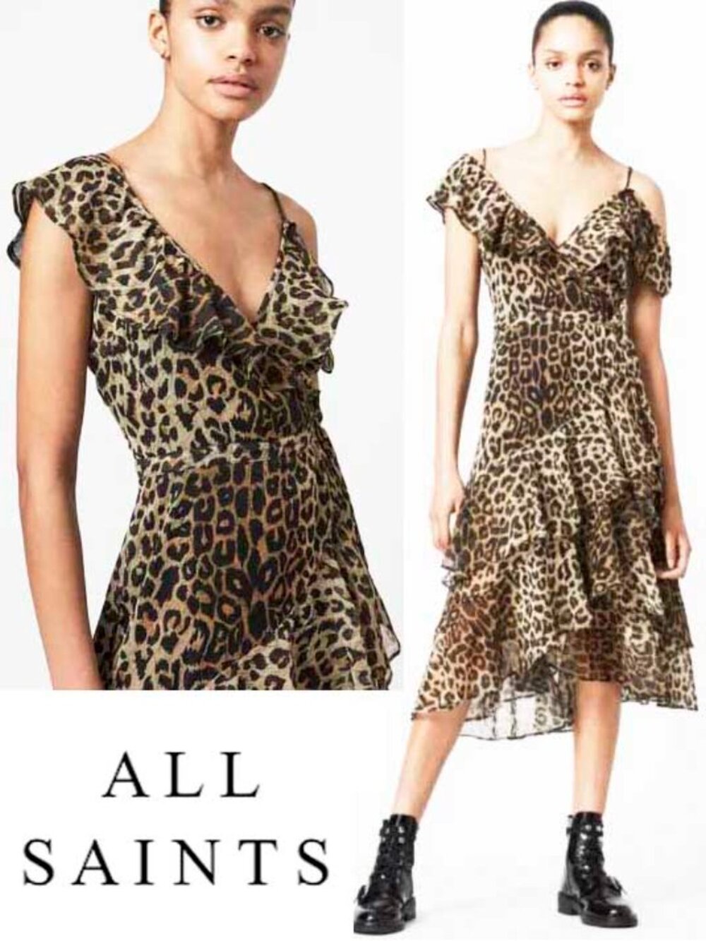 Allsaints All Saints Women's Brown Leopard Print Ruffle Warp Kari Leppo Dress 4